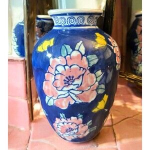 Colorful Floral Ceramic Vase Blue w/ Pink Peonies & Swirl Rim Design Vintage 6”